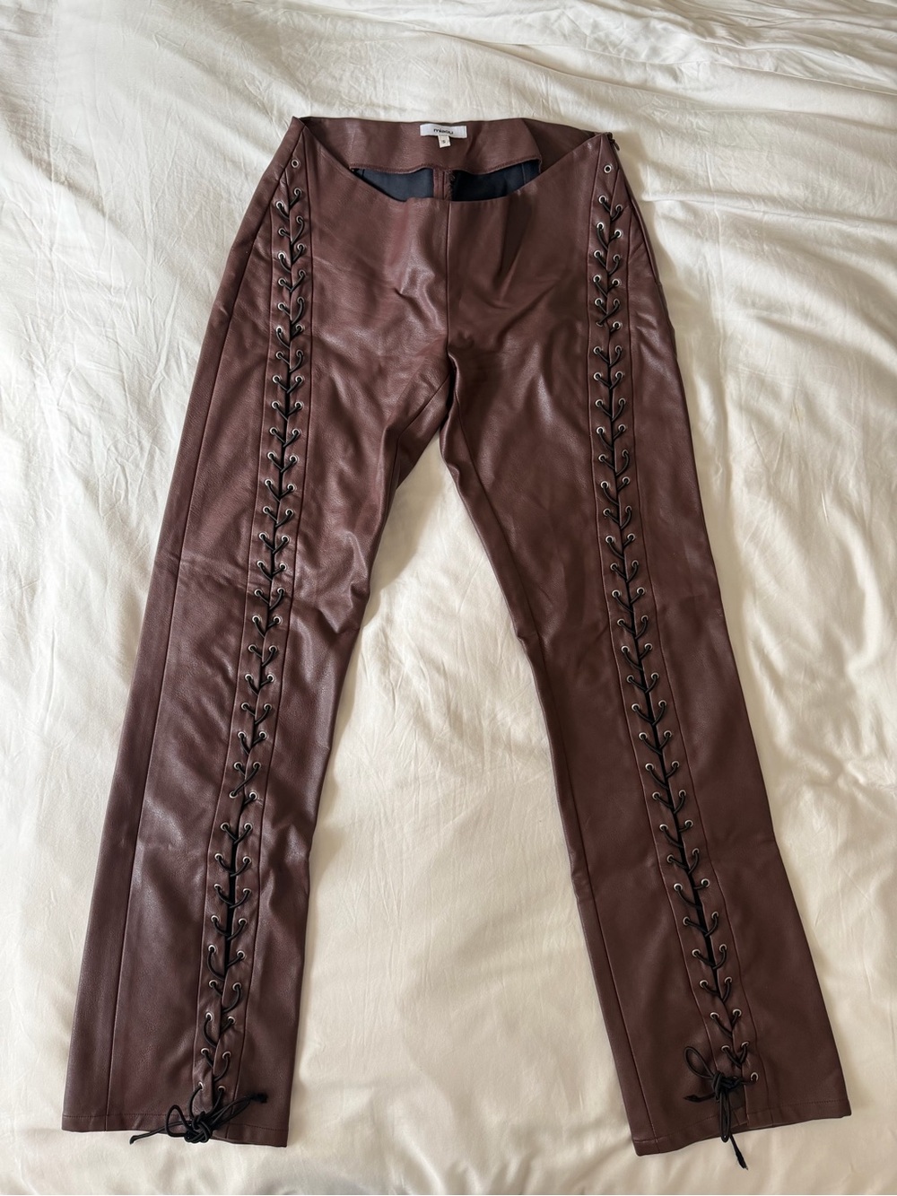 Miaou Brown Faux Leather Low Waist Lace-Up Pants